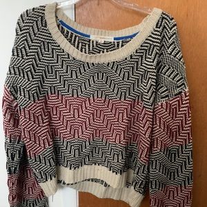 Tan Black and Red Cropped Sweater